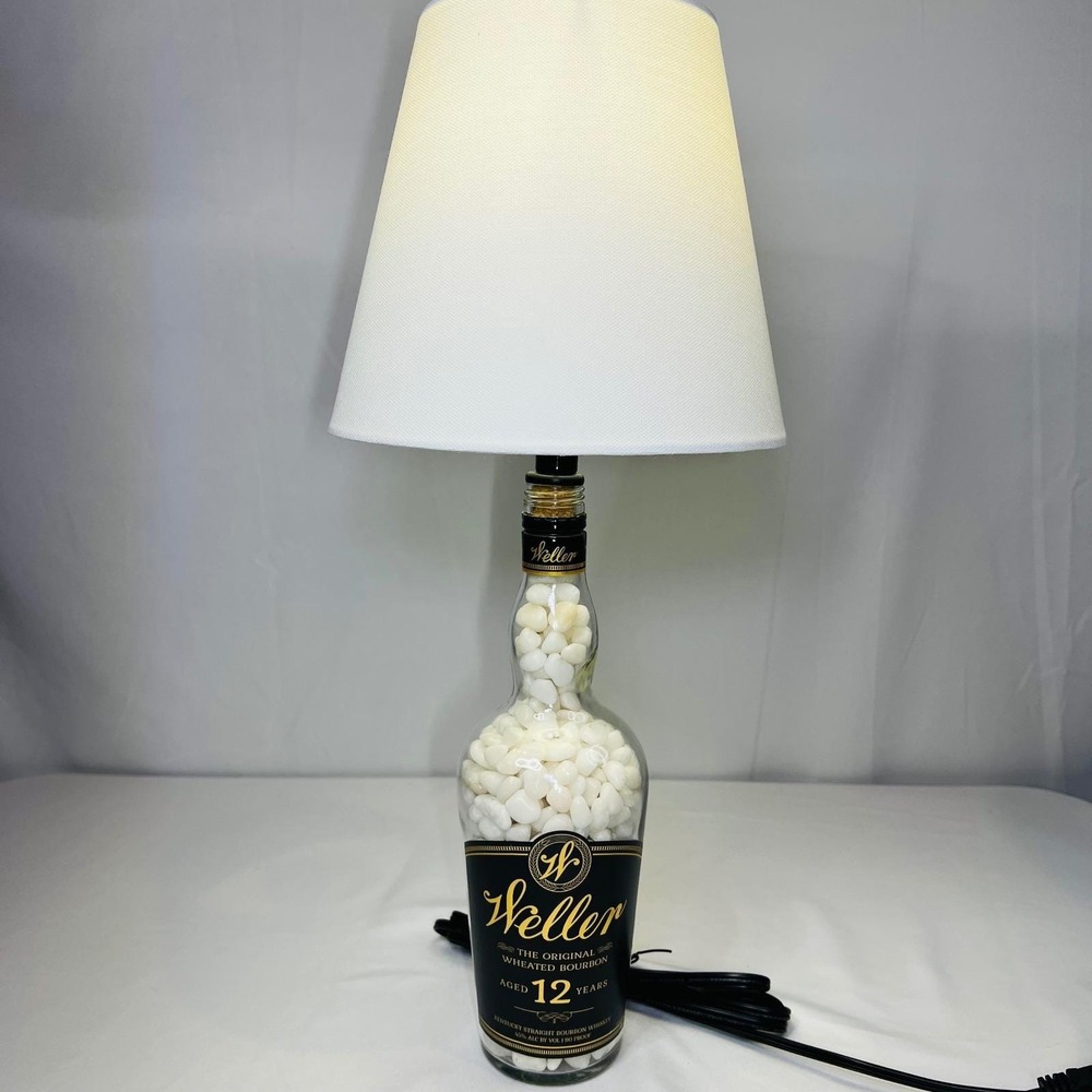 Weller 12 Year Bourbon Bottle Lamp with White Stones and Shade Handcrafted Decor